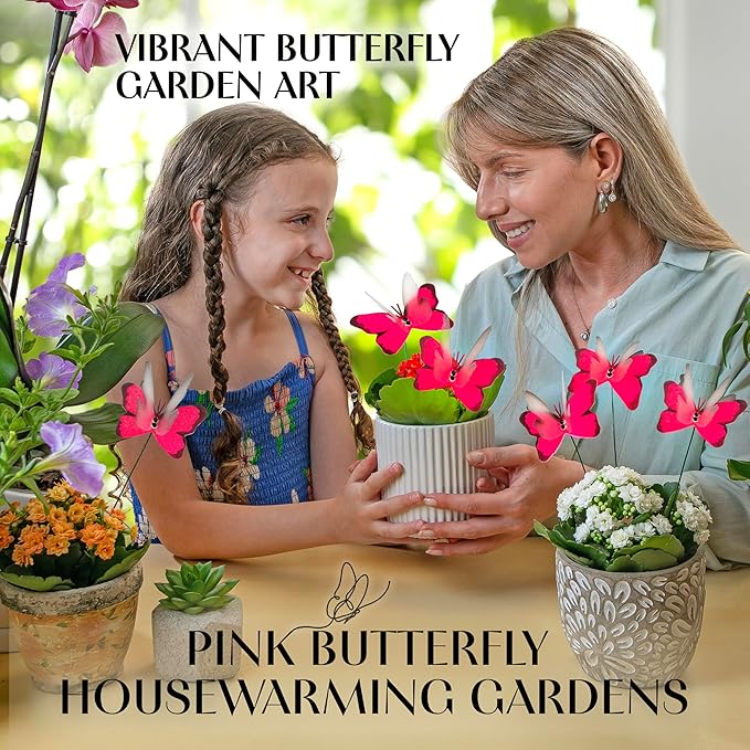 Handmade Glowing Pink Butterfly Garden Stakes Set of 7 - Decorative Outdoor & Indoor Plant Decor - Nature Lover Gift Idea by Air Aquarium Kushner