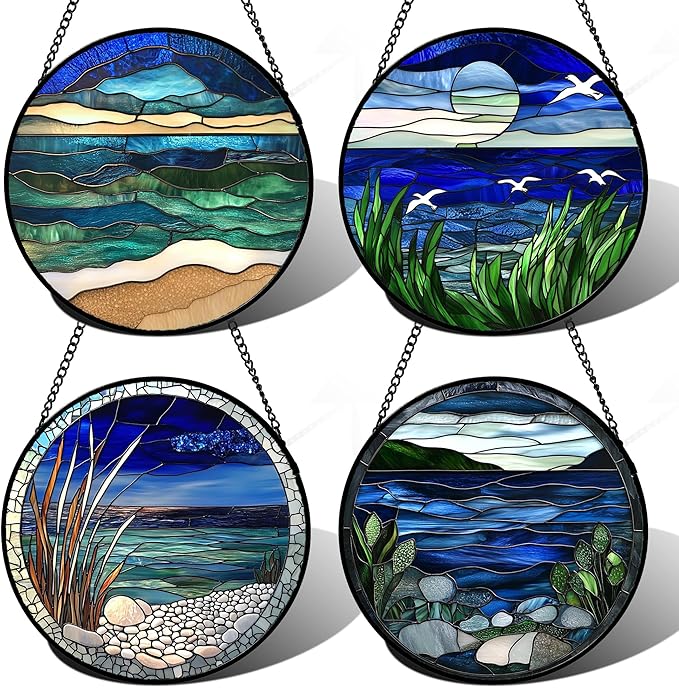 Stained Glass Window Hanging 4 Pcs Set Navy Blue Ocean Landscape 9.8" - Suncatcher Door Garden Sun Catcher Decor Birthday Mother's Day for Mom Woman Nana Girl Boy Friend