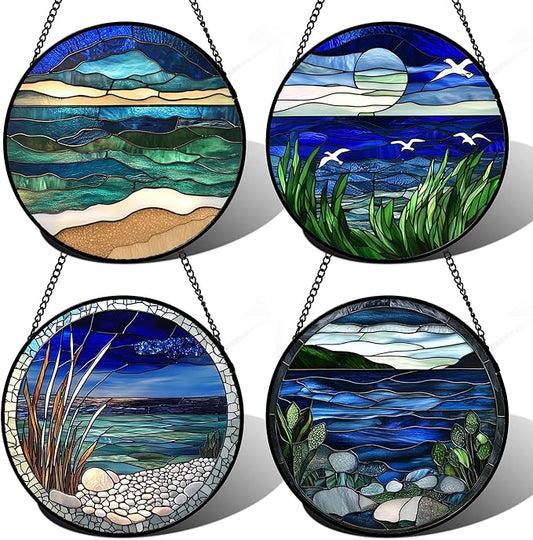Stained Glass Window Hanging 4 Pcs Set Navy Blue Ocean Landscape 9.8" - Suncatcher Door Garden Sun Catcher Decor Birthday Mother's Day for Mom Woman Nana Girl Boy Friend
