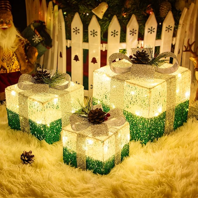 Set of 3 Christmas Lighted Gift Boxes,Outdoor Indoor Christmas Decorations,Plug-in 65 LED Light Up Present Boxes for Christmas Trees Indoor Outdoor Home Yard Lawn Holiday Birthday Party Decor