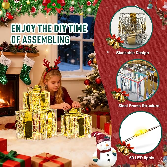 Set of 3 Christmas Lighted Gift Boxes,Outdoor Indoor Christmas Decorations,Plug-in 65 LED Light Up Present Boxes for Christmas Trees Indoor Outdoor Home Yard Lawn Holiday Birthday Party Decor