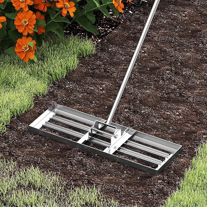 30" x 10" Lawn Leveling Rake, Heavy Duty Landscape Rake with 67" Handle, Non-Slip Grip & Flat Head, Space-Saving Lawn Level Tool for Garden, Backyard, Golf Course & Sports Field(Silver)