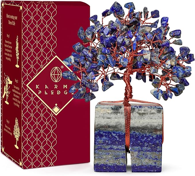 Crystal Tree for Birthday Gifts for Women, Handmade Raw Crystal Base Lapis Lazuli Chakra Healing Crystal Tree of Life for Positive Energy, Money, Good Luck, Christmas Décor, Home and Office Decor