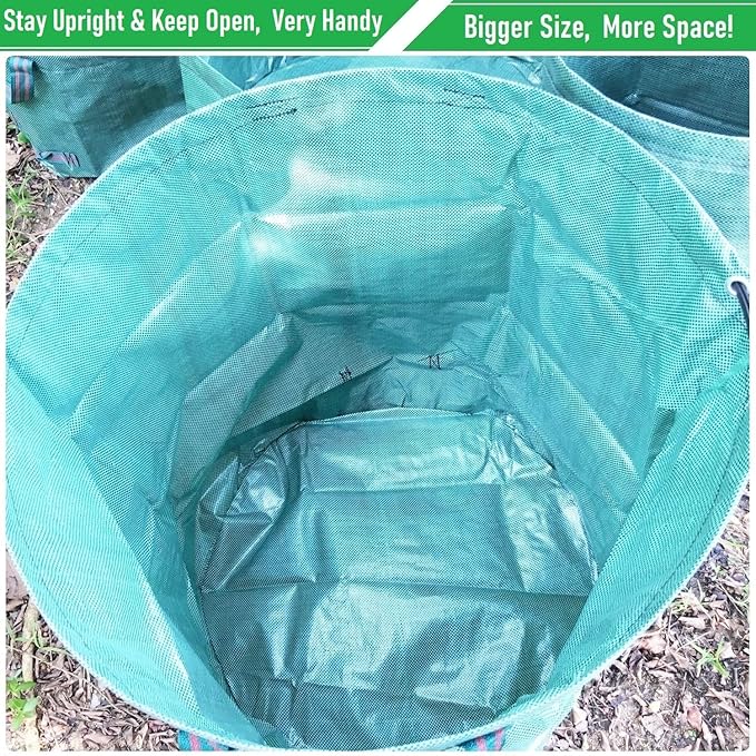 Professional 3-Pack 63 Gallon Lawn Garden Bags Large (D31,H19 inch) Yard Waste Bags w/Gardening Gloves, Standable Big Leaf Bag,Yard Debris,Lawn Trash Container,Grass Clippings Bags,Weeds Bag 4 Handles