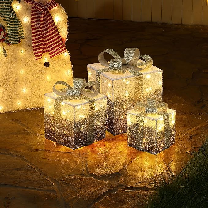 LuxenHome Set of 3 Lighted Gift Boxes, Plug-in White Crackle with Glitter Ribbon Bow Boxes with Timer Holiday Display, Lawn, Porch, Under Tree Indoor, Outdoor Christmas Decoration