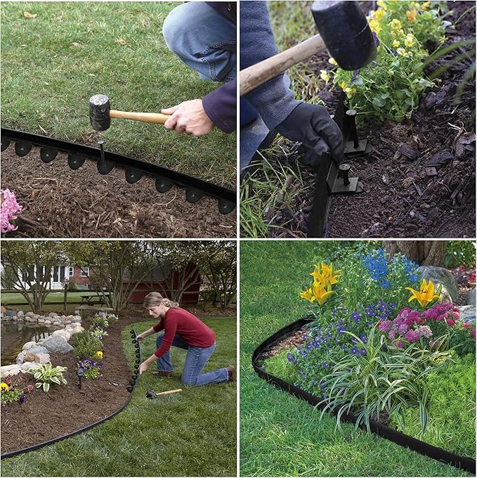 No Dig Landscape Edging Kit 60FT 2IN Tall with Scissors, Heavy Duty PP Material Garden Edging with 54 Anchoring Spikes, Edging for Landscaping, Garden, Black