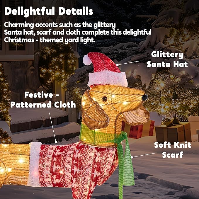 JOYIN Lighted Wiener Dog Christmas Decorations Outdoor, 40 LEDs Warm White Tinsel Dachshund Lights for Christmas Yard Decor, Light Up Xmas Lawn Ornaments with Metal Stakes for Outside Porch Garden