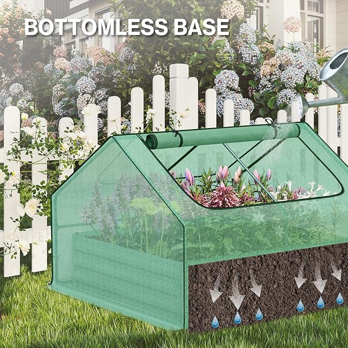 Aoodor 4 x 4 x 1 ft Galvanized Raised Garden Bed, Mini Greenhouse Kit with 2 Roll-up Zipper Doors for Vegetables, Flowers, and Herbs,Green
