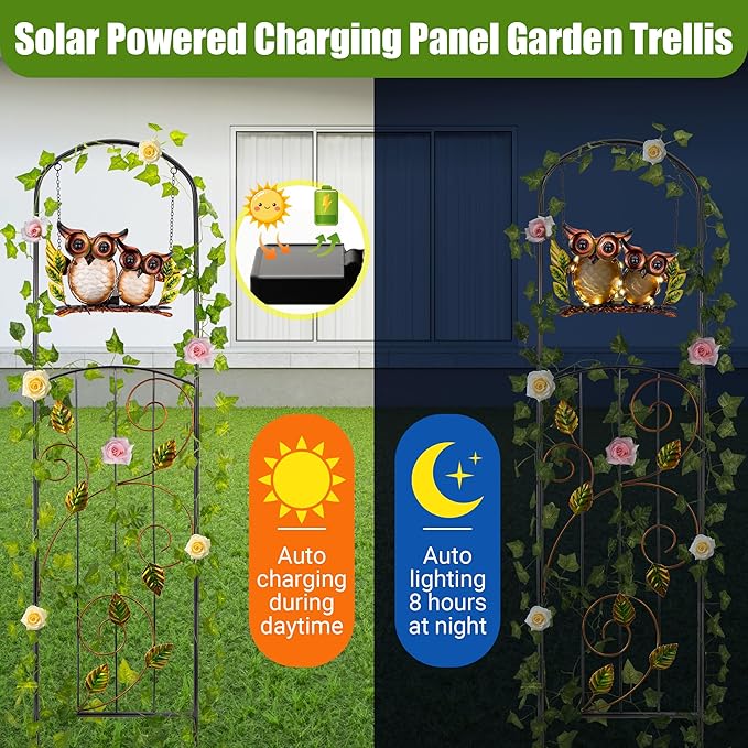 Solar-Powered Iron Plant Trellis with Lights,Voumsil Outdoor Garden Climbing Plant Support, Weatherproof Metal Stake for Vine Roses, Decorative Solar Lighting for Patio, Yard, Fence