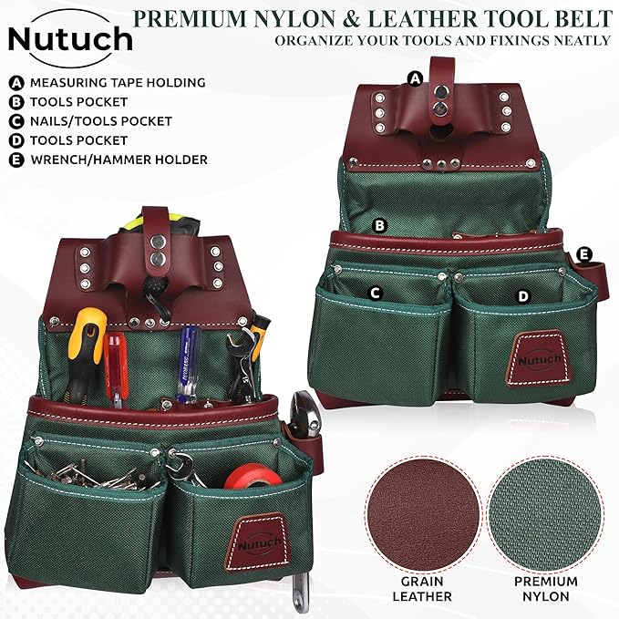 Nylon and Leather Tool Belt | Nylon Tool Pouch | Carpenter Tool Belt | Construction | Framers | Electrician Tool Belts | Drywall Tool Bags | Handyman | Electric (GREEN)