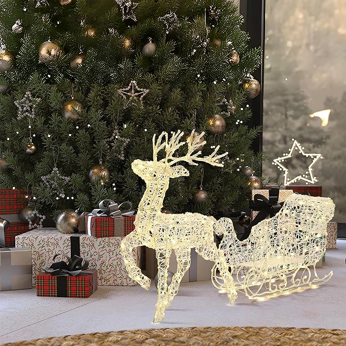 LuxenHome Lighted Reindeer Christmas Outdoor Yard Decorations, Prelit Reindeer and Sleigh Indoor & Outdoor Christmas Decor with 250 LED Lights, Xmas Decorations for Front Porch, Lawn, Garden Display