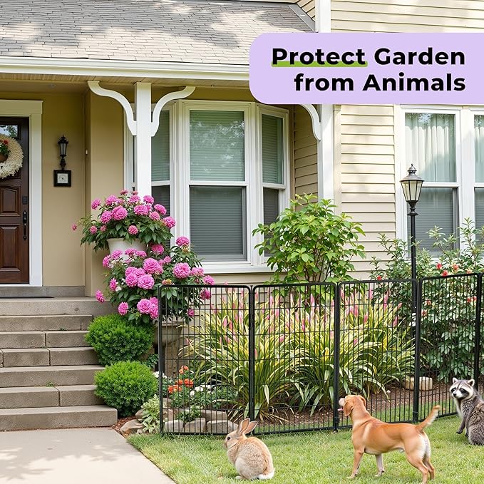 SunsGrove Garden Fence 32 in(H) x 8.9 ft(L) 4 Panels, Heavy Duty Metal Animal Barrier Fence for Dogs, Easy No-Dig Setup, Decorative Dog Fences, Black