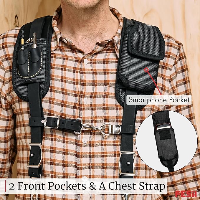 FESA Leather Tool Belt Suspenders for Men with Breathable Mesh Padding, Front Pockets & 4 Loops for Attachment to Work Belts