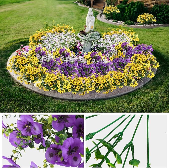 Artificial Fake Pansy Flowers for Outdoor, Faux Silk Pansies Spring Flowers for Outside for Planter Front Door Porch Yard Patio Window Box Home Decor (36, Purple, Yellow, White)