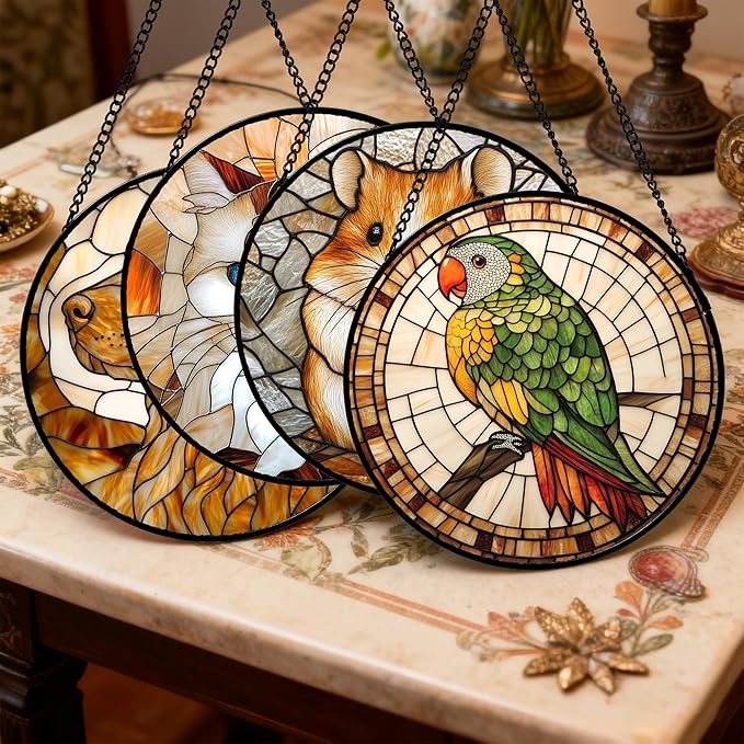 Stained Glass Window Hanging 4 Pcs Set Cute Cat and Dog 7.8" - Animal Suncatcher Door Garden Sun Catcher Decor Birthday Mother's Day for Mom Woman Nana Girl Boy Friend