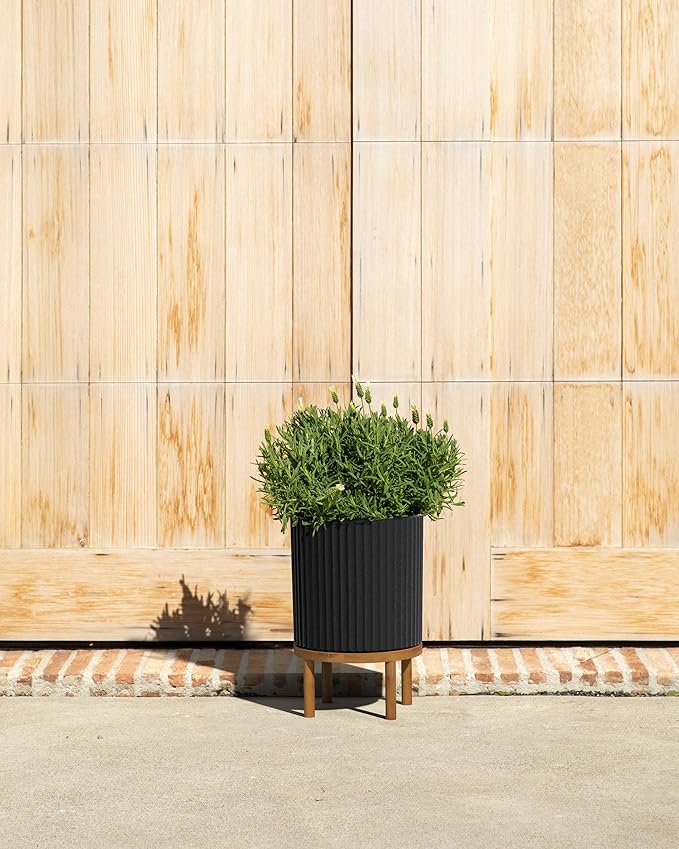 Veradek Demi Series Round Planter w/Stand for Porch/Patio | Durable Plastic-Stone Composite & Wooden Stand | Modern Décor for Tall Plants, Flowers