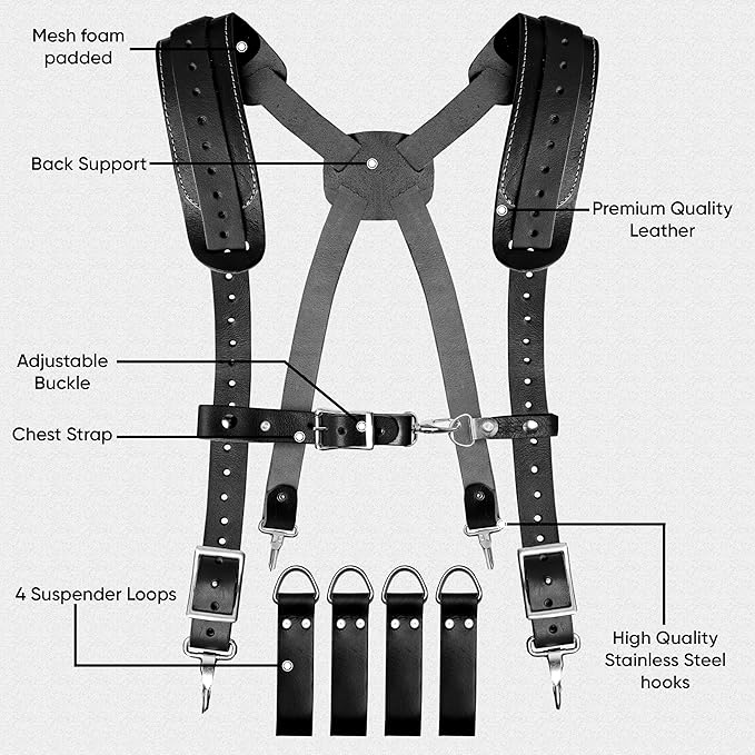 FUERI Tool Belt Leather Suspenders for Men Heavy Duty Bags Construction Carpenter Tools Electricians Framers