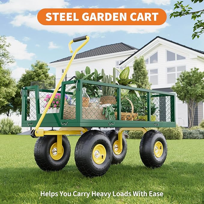 900 Lbs Garden Wagon, 2-in-1 Heavy-Duty Steel Garden Cart, with 10 Inch All-Terrain Tires and Removable Mesh Side Panels, 180° Rotating Handle, Metal Multi-Function Carts, Outdoor Gardens Wagon Cart