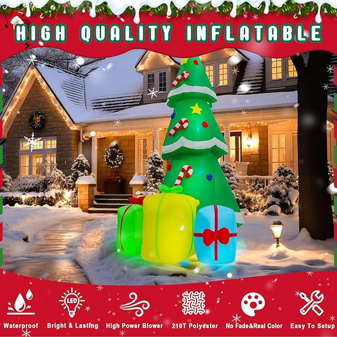 9FT Christmas Inflatables Tree Outdoor Decoration, Indoor Gift Boxes Lighted Party Decoration, Blow Up Decor with Built-in LED Lights Suitable for Lawn/Yard/Garden/Porch
