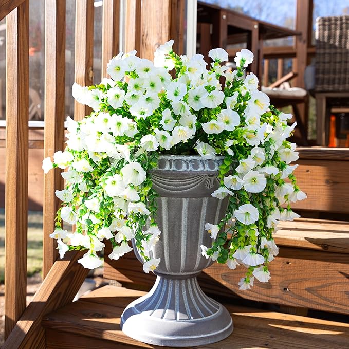 Ivydale 2 PCS Artificial Hanging Flowers Fake Plants for Winter Christmas Outdoor,Faux Silk White Morning Glory with Eucalyptus UV Resistant Realistic Hanging Petunias Vines for Home Garden Decor