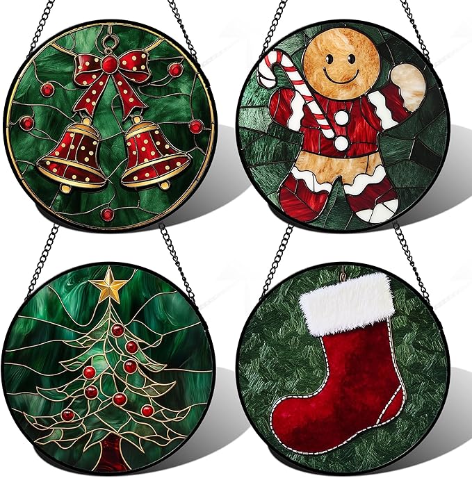 Stained Glass Window Hanging 4 Pcs Set Red Christmas Stockings and Gingerbread 7.8" - Suncatcher Door Garden Sun Catcher Decor Birthday Mother's Day Xmas Gifts for Mom Woman Nana Men