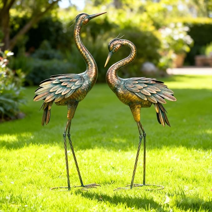 Shorayn Metal Crane Garden Statue, Garden Sculptures & Statues, Bronze Crane Ornaments Yard Art for Backyard Patio Lawn Decorations