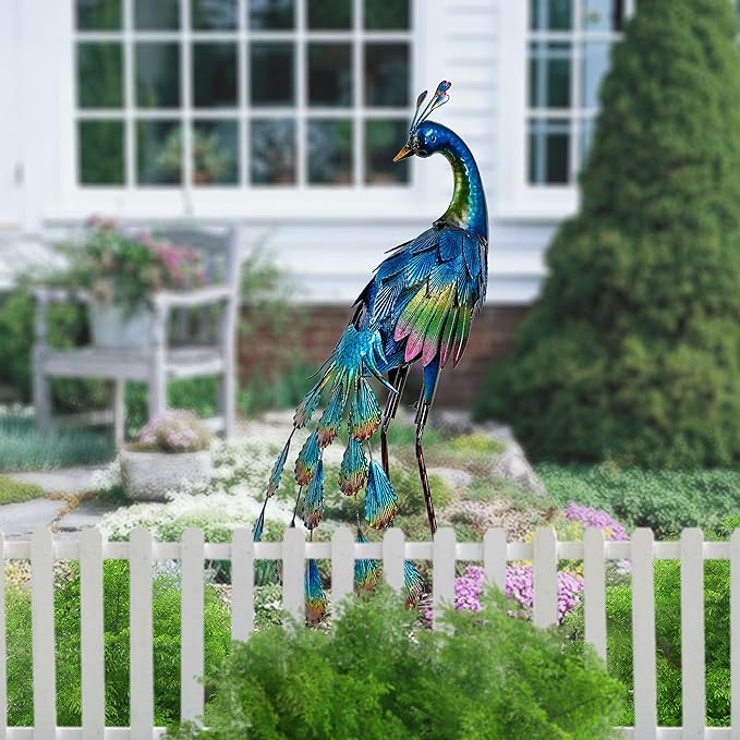 TERESA'S COLLECTIONS Garden Decor, Peacock Garden Decor, Elegant Peacock with Colorful Painting,18", Waterproof Metal Garden Statues, Peacock Gifts, Birthday Gifts for Women Mom