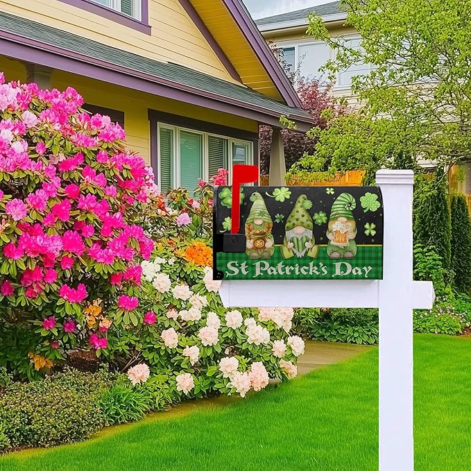 St Patricks Gnomes Mailbox Cover - Shamrock Mailbox Covers Magnetic Standard Size 21x18 in -Decoration for Garden - Green Clover