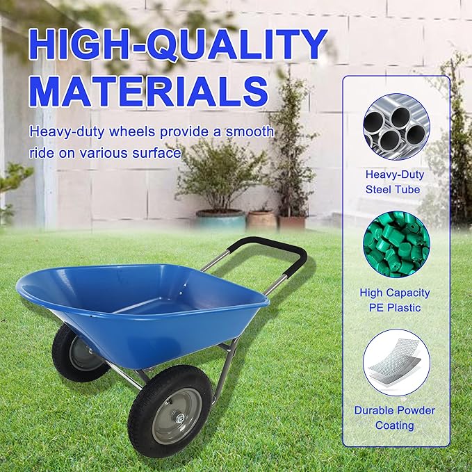 Red Metal Wheelbarrow, Easy Loading and Dumping Garden Cart with Steel Tray, Durable Heavy Duty Utility Trolley for Transporting, Soil, Sand (Blue, 15 inch Inflation 2 Wheels)