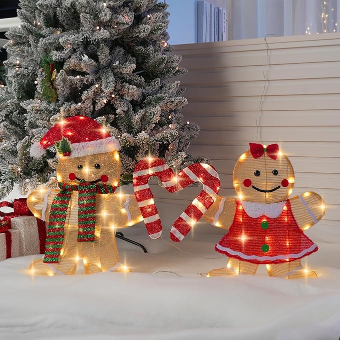 TW SHINE Christmas Outdoor Decorations Yard, Set of 2 Lighted 2D Gingerbread Man with 90 Warm White Lights, Light Up Gingerbread Man Couple for Xmas Holiday Front Garden Patio Lawn Display