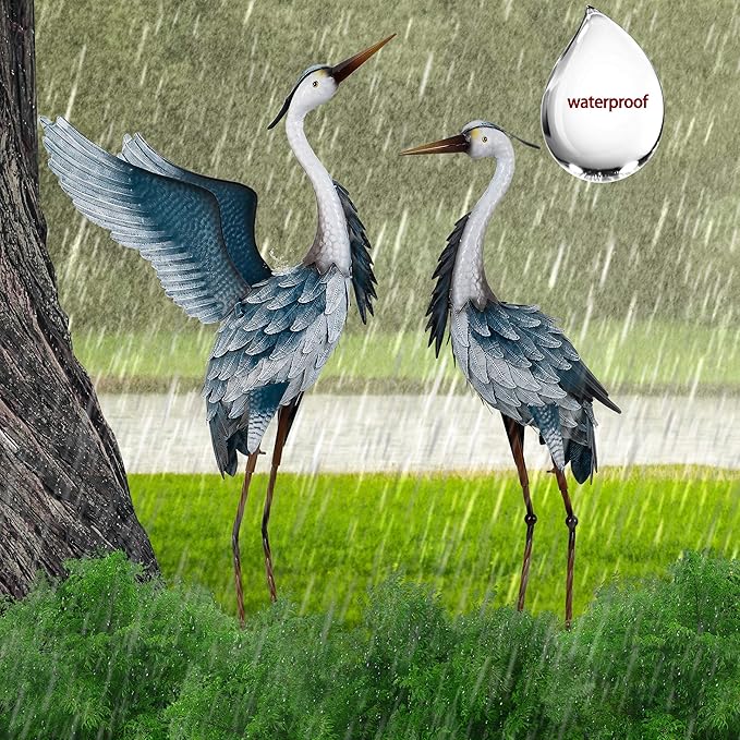 TERESA'S COLLECTIONS Garden Decor, Set of 2 Herons Garden Decor, 23-25", Elegant Herons with Blue Painting, Waterproof Metal Garden Statue, Herons Gifts Birthday Gifts for Women Mom