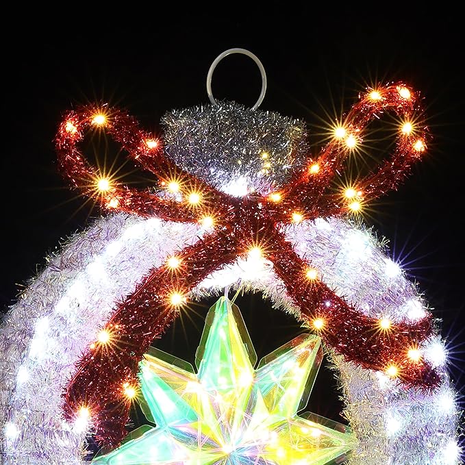 LuxenHome 2FT Lighted Ornament Christmas Outdoor Decorations, Large Light Up Christmas Ornament with Red Bow Yard Decorations Outdoor with 120 LED Lights, Lawn Decor for Xmas, Porch Display