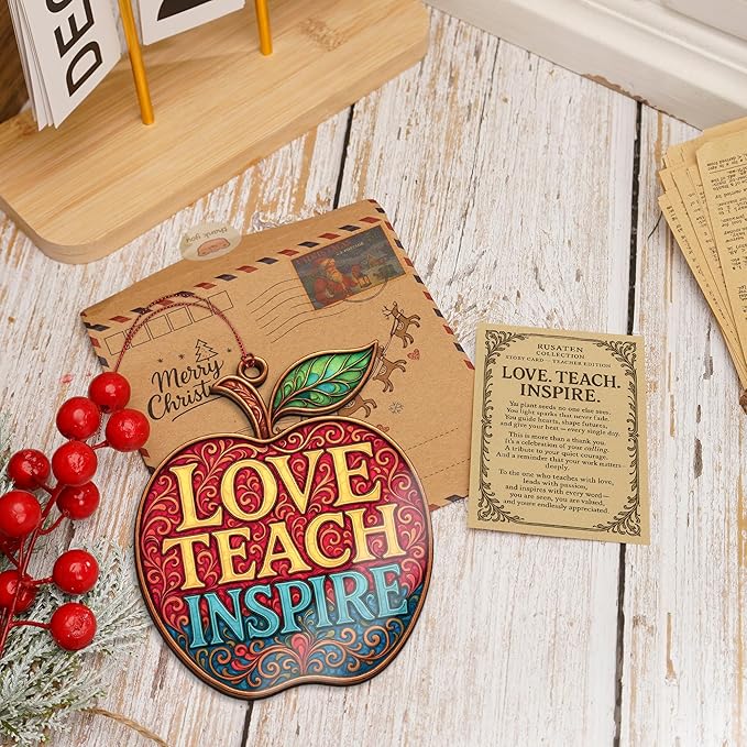 Teacher Appreciation Ornament – Love Teach Inspire Apple – Style Teacher Gift for Christmas, End of Year, or Thank You