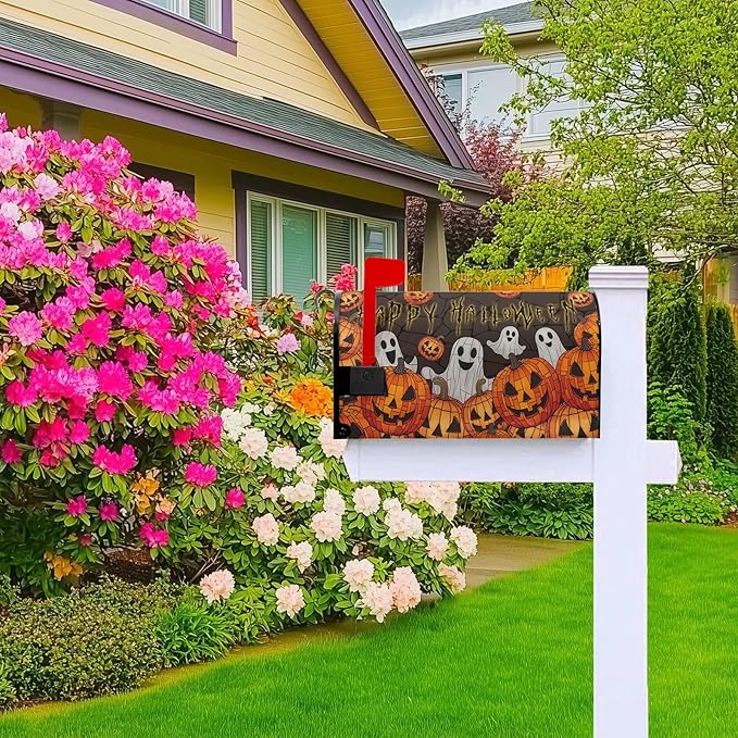 Happy Halloween Mailbox Cover Ghost Mail Box Covers Magnetic Standard Size 21x18 inch Pumpkin Post Letter Box Cover Wrap Outdoor Decor for Garden
