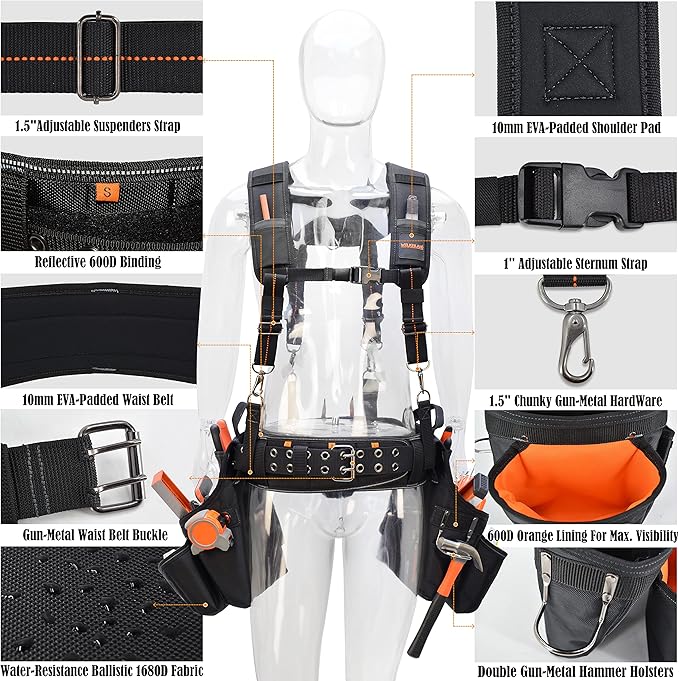 WELKINLAND 39Pockets Tool Belts for Men with Suspenders, 4" Padded Toolbelt, Tool Belt with Suspenders, Black W/Orange, One Size (38"-48")