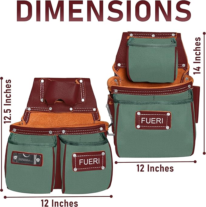 Fueri Electrician's Heavy Duty Tool Belt for Men, Made of Thick Leather and Durable Nylon, Comes with Adjustable Padded Tool Belt, Storage Capacity Tool Pouches, Hammer Holder, And Suspender Loops.