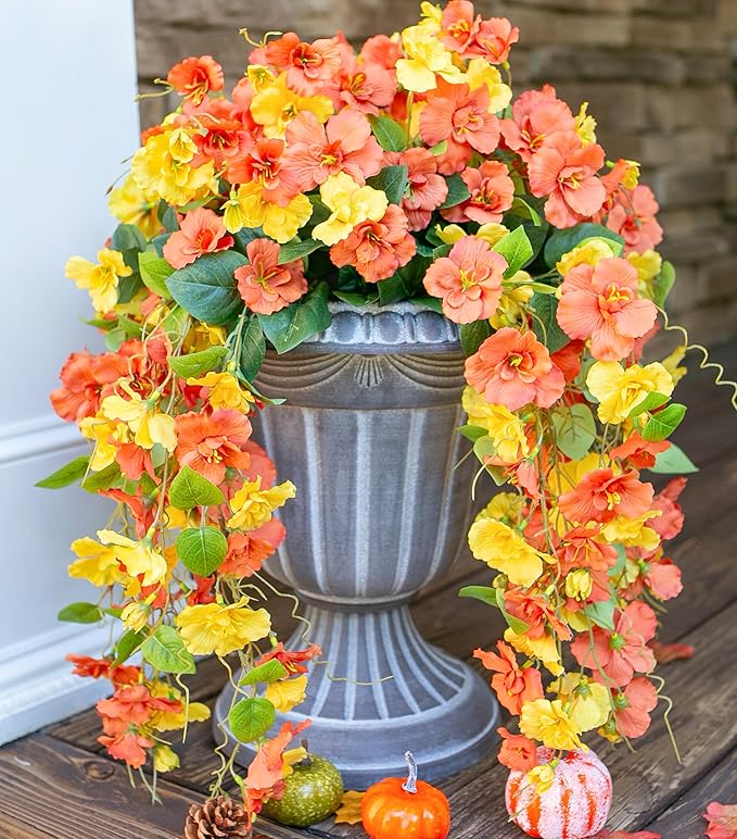 Artificial Hibiscus Fake Hanging Flowers Plants for Outdoors Fall Autumn Decoration, 4pcs Silk Hibiscus Trailing Vines UV Resistant Realistic Faux Flowers for Outside Front Door Porch Yard Indoor, Mix