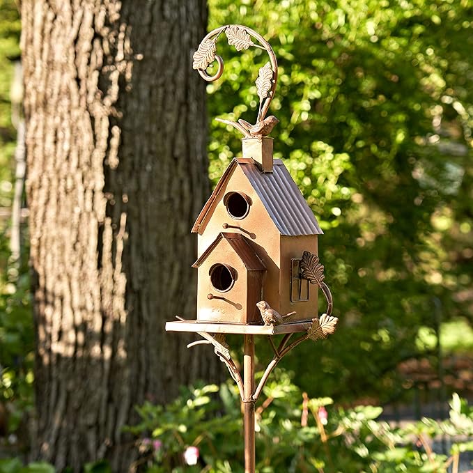 Zaer Ltd. Copper Colored Multi-Birdhouse Stakes, Room for 2 Bird Families in Each (Classic Home)