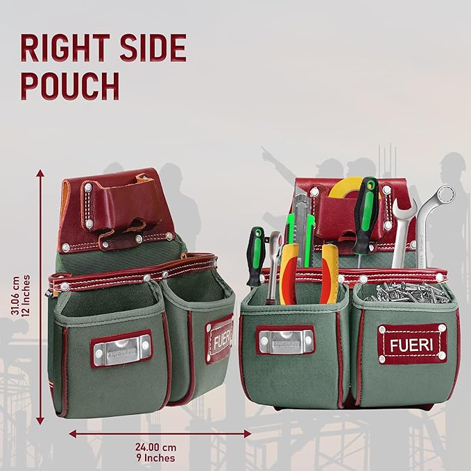 FUERI Tool Belt Heavy Duty Nylon Leather Carpenters Tool Pouches Bags Organizer for Men Construction Electricians Framers Ironworkers Women