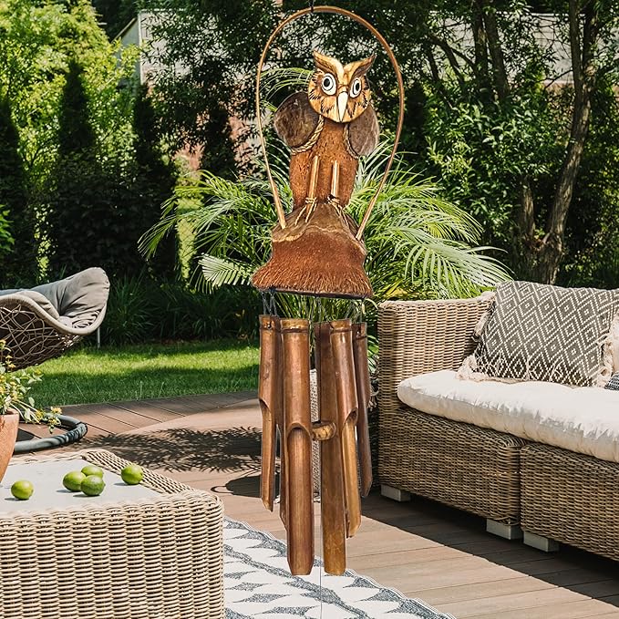 Bellaa 23394 Owl Bamboo Wind Chimes Tune Melody 38 inch