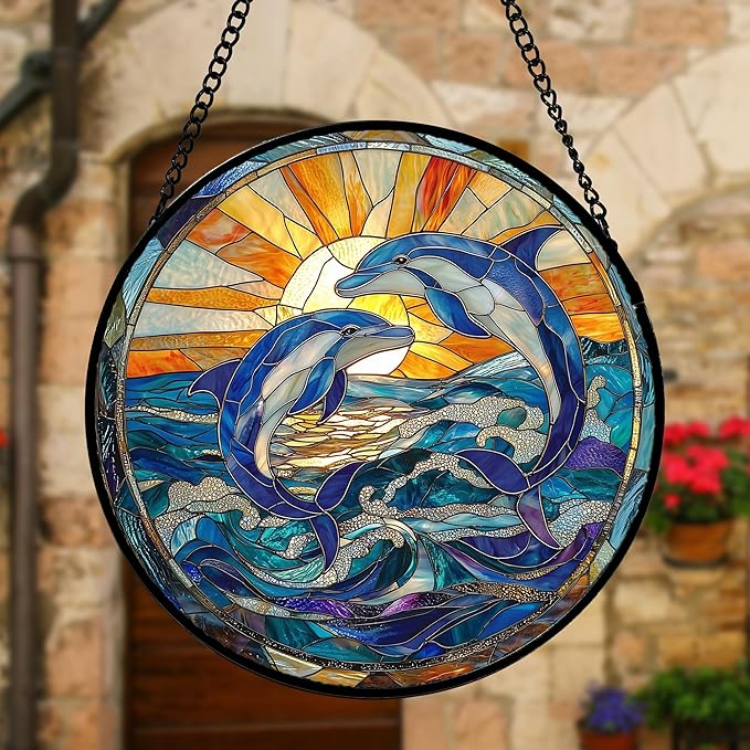 Stained Glass Window Hanging, Blue Dolphin Sun Catchers Colorful Glass Panel Sunrise Sea View Suncatcher Decor for Birthday for Women, Men, Wife, Aunt, and Mom 7.8 in