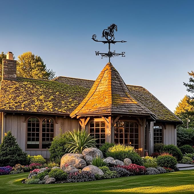 Black Metal Weathervane,Stainless Steel Horse Weather Vane Roof Mount, Wind Direction Indicators Wind Measuring Tool Outdoor, Wind Vane Ornament Decoration for Shed Garden Yard Farmhouse Patio Decor