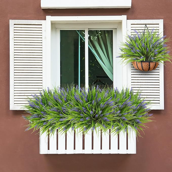 Sggvecsy 12 Bundles Artificial Plants Outdoor Faux Lavender Flowers Fake Monkey Grass UV Resistant Plastic Greenery Plants for Garden Home Porch Window Patio Hanging Planter Indoor Decor (Purple)