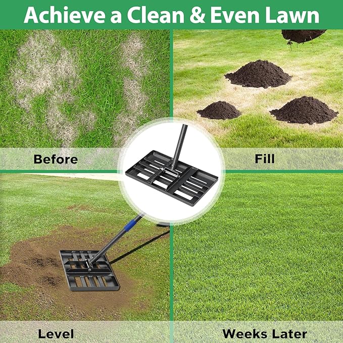 Lawn Leveling Rake, 6 FT Long Lawn Leveler with 17 x 10 Small Rakes Head for Smooth Garss Soil Dirt Sand, High Effect Long Handle Ground Leveling Tool with Round Edge for Yard Garden, No Flip