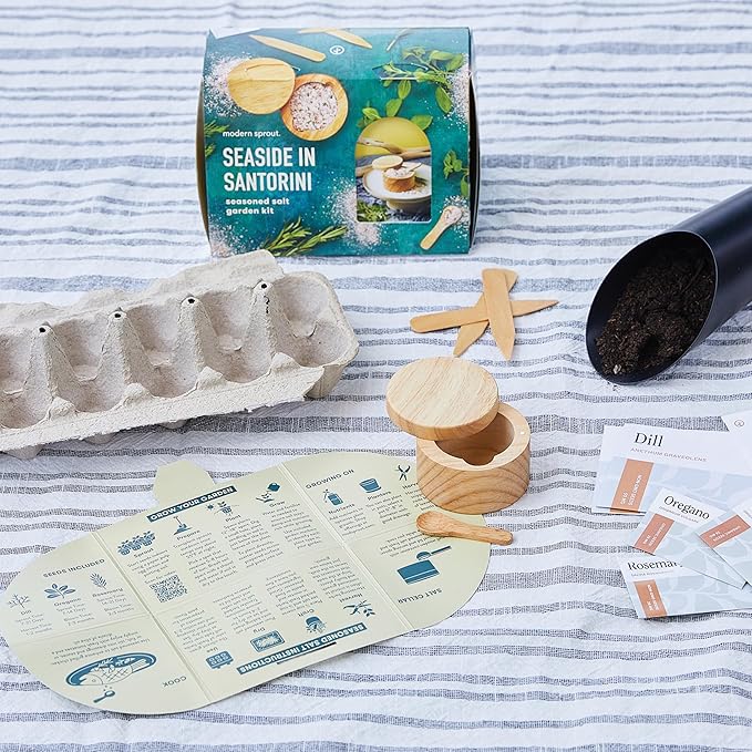 Modern Sprout Travel Trio Seaside in Santorini; Travel-Inspired Seed Kit with Salt Cellar, Organic Seed Starting; Gardening Gift (Seaside in Santorini)