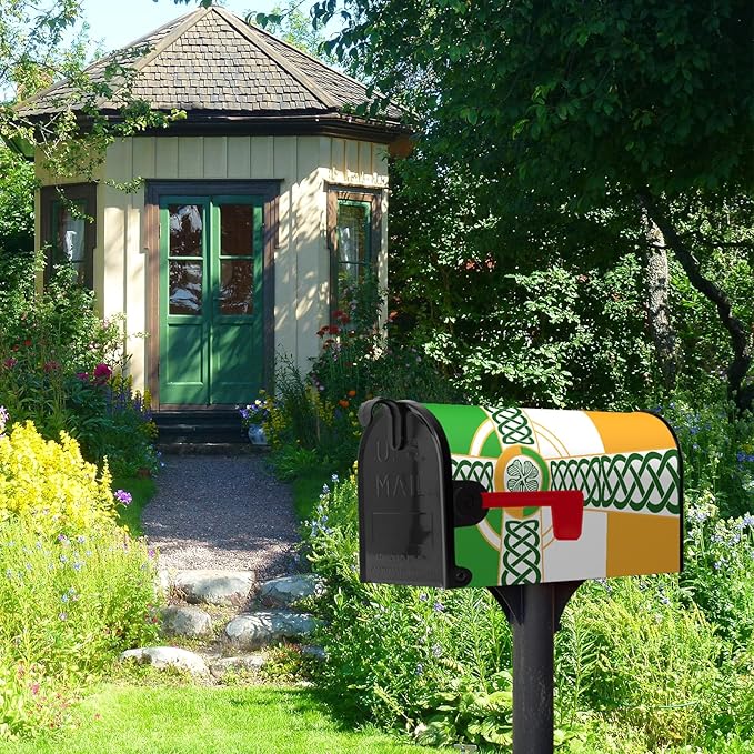 Celtic Irish Flag Mailbox Cover - St. Patrick's Day Clover Shamrocks Wrap - Farmhouse Home Magnetic Mailbox Covers - Standard Size 18"x21"