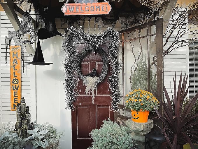 RECUTMS Black Garland Artificial Hanging Plants 2Pcs 5.6Ft Black Fake Garland Plant Greenery Faux Ferns Leaves Ivy Wreath for Halloween Thanksgiving Party Outdoor Indoor Garden Decor(Black White)