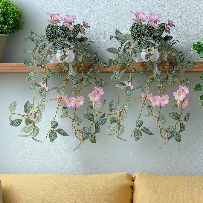 2PCS Artificial Hanging Plant with Pot Faux Hanging Plants Small Hanging Plants Pot with Artificial Vines and Flower Greenery Decoration for Living Room Wall Home Wall Shelf(Pink)