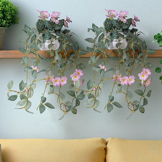 2PCS Artificial Hanging Plant with Pot Faux Hanging Plants Small Hanging Plants Pot with Artificial Vines and Flower Greenery Decoration for Living Room Wall Home Wall Shelf(Pink)