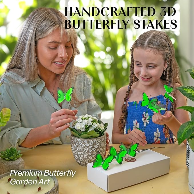 Handmade Green Butterfly Garden Stakes Set of 7 - Decorative Outdoor & Indoor Plant Decor - Nature Lover Gift Idea by Air Aquarium Kushner